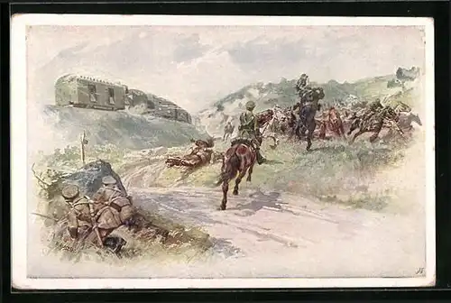 Künstler-AK Rotes Kreuz Nr. 238: Angriffsgefecht auf einen Panzerwagentransport