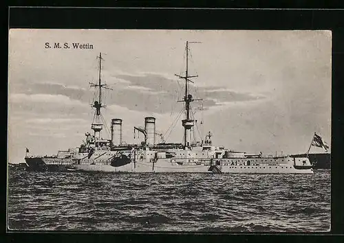 AK Kriegsschiff SMS Wettin während der Hafeneinfahrt