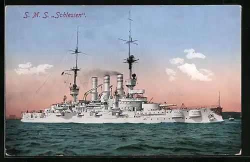AK Kriegsschiff SMS Schlesien im Abendrot