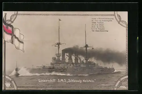 AK Linienschiff SMS Schleswich Holstein gibt Volldampf, Flagge der kaiserlichen Marine
