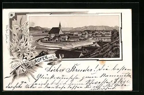 Lithographie Laufen a. d. S., Panoramablick auf die Ortschaft