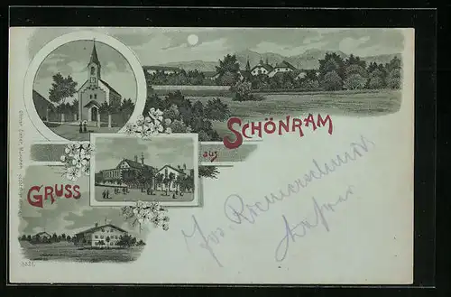 Mondschein-Lithographie Schönram, Kirche, Gebäude im Ort