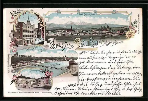 Lithographie Laufen a. Salzach, Rathaus, Marienplatz, Ortsansicht mit Alpen