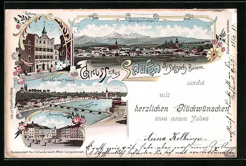 Lithographie Laufen a. Salzach, Rathaus, Marienplatz, Ortsansicht mit Alpen, Neujahrsgruss