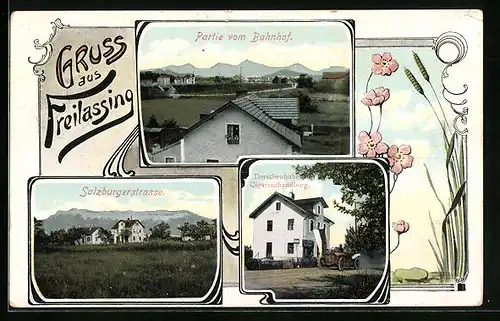 AK Freilassing, Am Bahnhof, Salzburgerstrasse, Derschenhubers Cigarrenhandlung