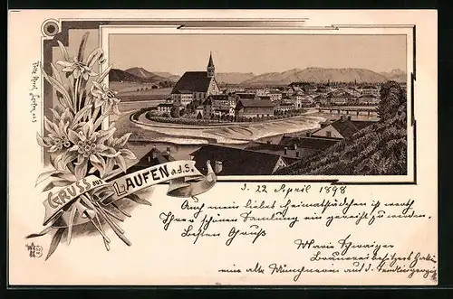 Lithographie Laufen a. d. S., Panoramablick auf die Ortschaft, Edelweiss