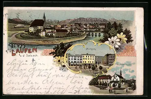 Lithographie Laufen a. d. S., Marktplatz, Kapuziner-Kloster