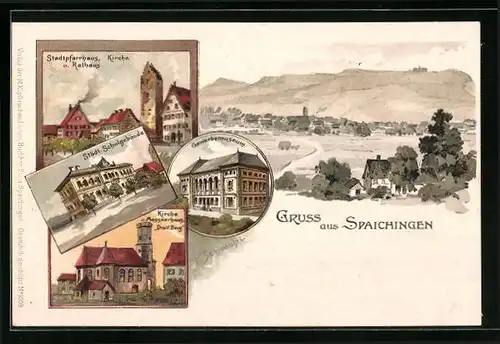 Lithographie Spaichingen, Gewerbemuseum, Kirche und Messnerhaus Dref. Berg