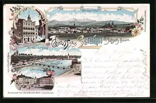 Lithographie Laufen a. Salzach, Rathaus, Marienplatz, Ortsansicht