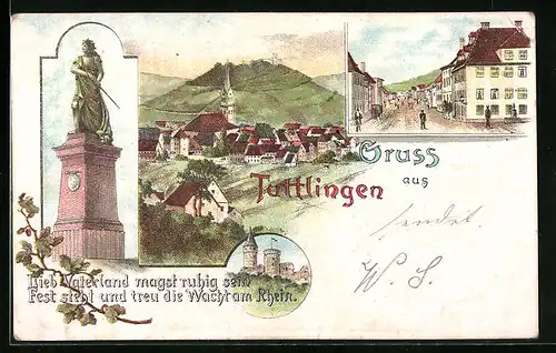 Lithographie Tuttlingen, Ortsansicht, Strassenpartie, Denkmal