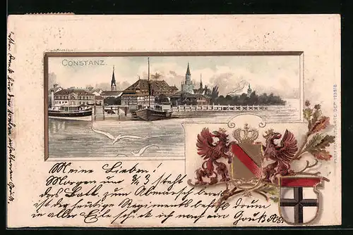 Passepartout-Lithographie Constanz, Teilansicht mit Hafen, Wappen