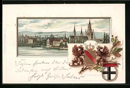 Passepartout-Lithographie Constanz, Teilansicht mit Kirche, Wappen
