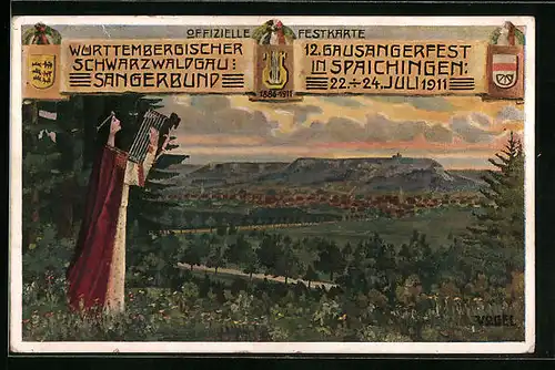 Künstler-AK Spaichingen, 12. Gausängerfest 22.-24.07.1911, Festpostkarte, Panorama