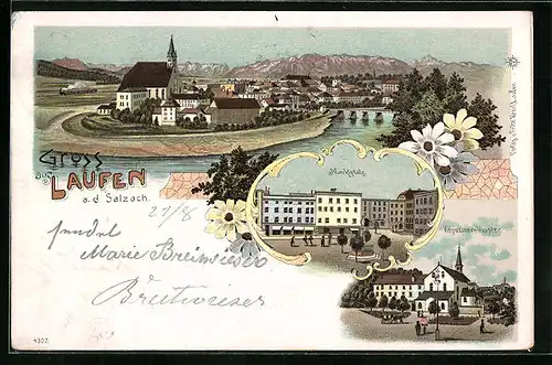 Lithographie Laufen /Salzach, Kapuziner-Kloster, Marktplatz, Panorama