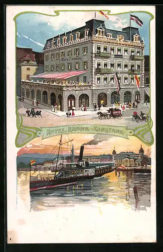 Lithographie Konstanz, Hotel Krone, Dampfer im Hafen