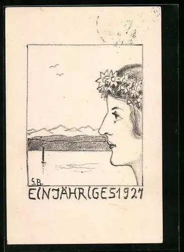 Künstler-AK Konstanz, Absolvia Einjähriges 1927, Mädchen mit Kranz im Haar