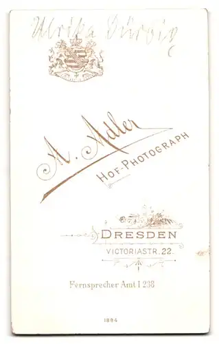 Fotografie A. Adler, Dresden, Victoriastrasse 22, Dame im schwarzen Spitzenkleid, Ulrika Dürbig