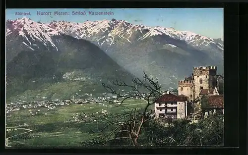 AK Meran, Schloss Katzenstein und Ort vor Bergpanorama