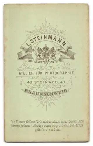 Fotografie L. Steinmann, Braunschweig, Steinweg 43, Dame mit Flechtfrisur, Brosche und Spitzenschleife