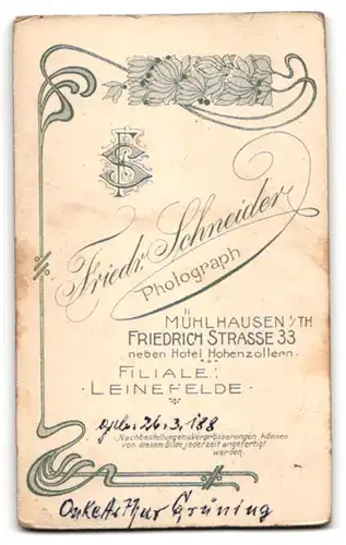 Fotografie Friedr. Schneider, Mühlhausen i /Th., Friedrichstr. 33, Junger Herr im Anzug mit Krawatte