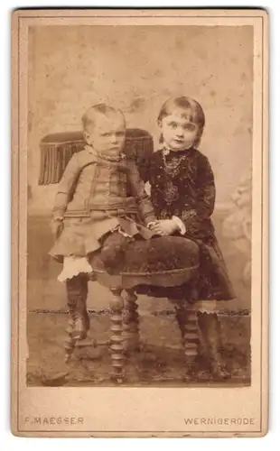 Fotografie F. Maesser, Wernigerode, Burgthor, Kleines Geschwisterpaar aus gutbürgerlichem Hause in feinsten Kleidern
