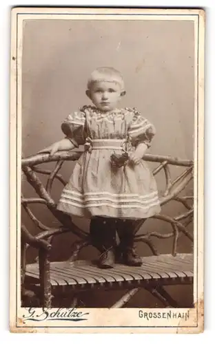 Fotografie G. Schütze, Grossenhain, Johannes-Allee 64 b, Kleines Kind im gepunkteten Kleid
