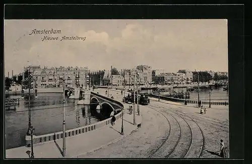 AK Amsterdam, Nieuwe Amstelbrug, Strassenbahn