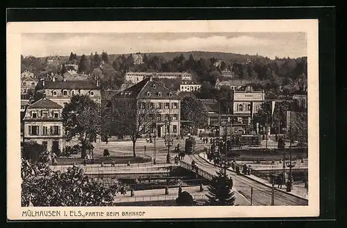 AK Mülhausen i. Els., Partie beim Bahnhof, Strassenbahn