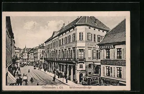AK Mülhausen /Els., Wildemannstrasse aus der Vogelschau, mit Strassenbahn