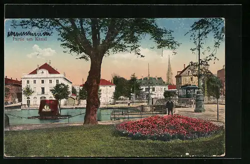 AK Mülhausen, Partie am Kanal, mit Strassenbahn