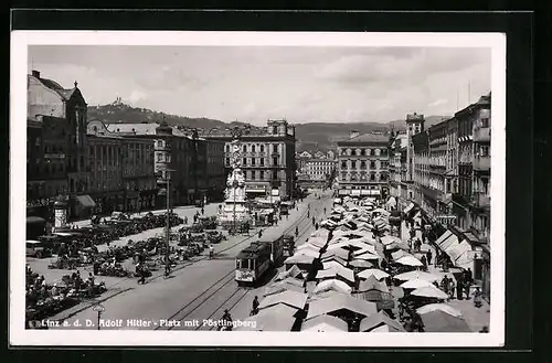 AK Linz /Donau, Platz mit Pöstlingberg, Strassenbahn