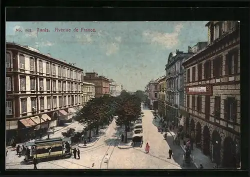 AK Tunis, Avenue de France, Strassenbahn