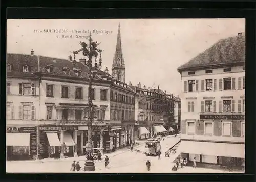 AK Mulhouse, Place de la Republique et Rue du Sauvage, Strassenbahn