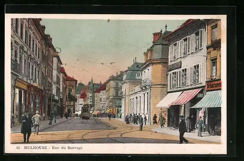 AK Mulhouse, Rue du Sauvage, Strassenbahn