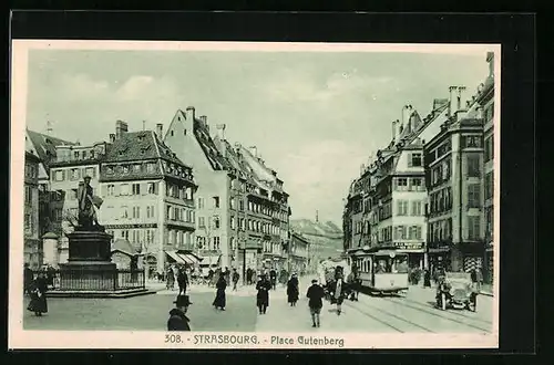 AK Strasbourg, Place Gutenberg, Strassenbahn