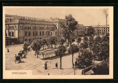 AK Strassburg, Bahnhofsplatz mit Strassenbahn