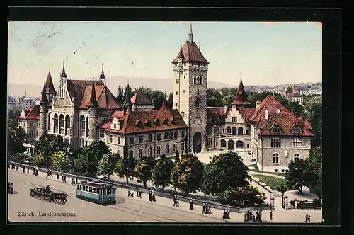 AK Zürich, Strassenbahn am Landesmuseum