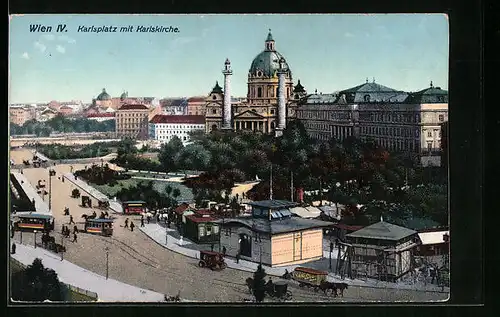 AK Wien, Strassenbahn am Karlsplatz mit Karlskirche
