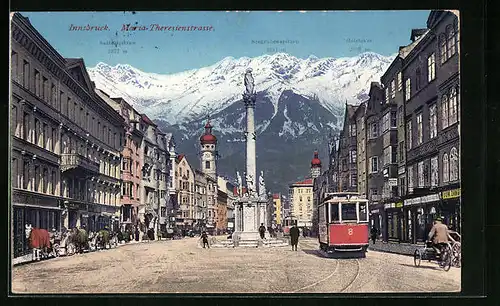 AK Innsbruck, Strassenbahn an der Maria Theresienstrasse mit Sattelspitze, Seegrubenspitze und Hafelekar