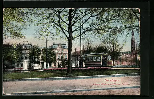 AK Groningen, Heere Plein met Heere Singel, Strassenbahn