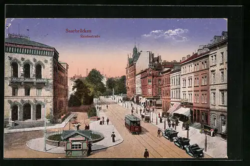 AK Saarbrücken, Reichsstrasse mit Strassenbahn