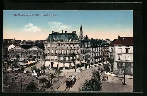 AK Mülhausen i. Els., Friedensplatz, Strassenbahn