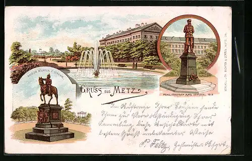Lithographie Metz, Kaiser Wilhelm I. Denkmal, Springbrunnen