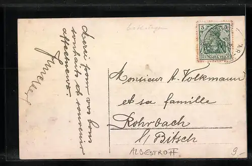 Künstler-AK Albestroff, Ortsansicht, Wappen, Schloss