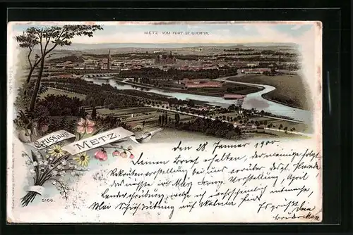 AK Metz, Ortsansicht vom Fort St- Quentin, Blumengruss