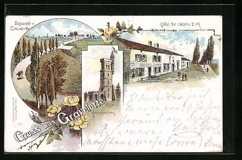 Lithographie Gravelotte, Hotel du Cheval D`Or, Schlucht, Aussichtsturm