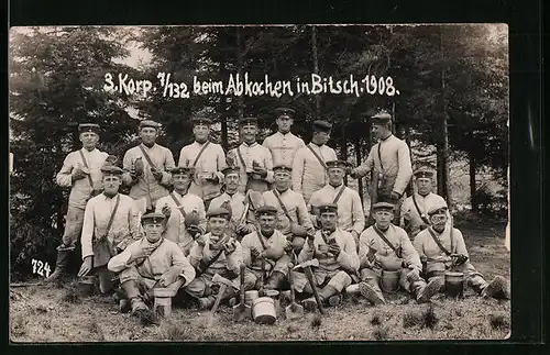 AK Bitsch, 3. Korp. 7 /132 beim Abkochen in Bitsch 1908