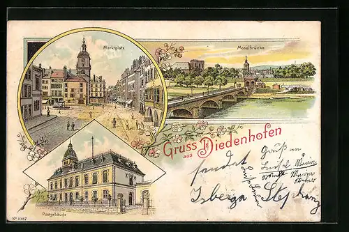 Lithographie Diedenhofen, Postgebäude, Marktplatz, Moselbrücke