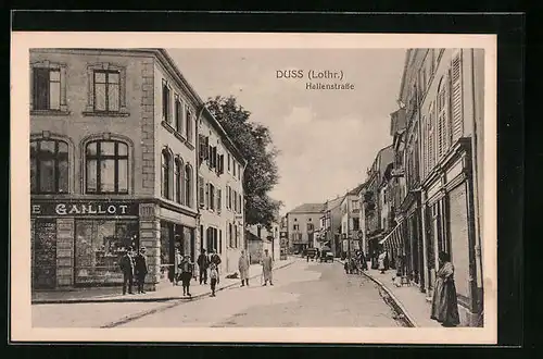 AK Duss /Lothr., Hallenstrasse mit Geschäft