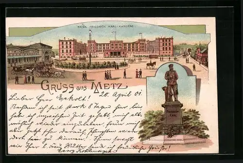 Lithographie Metz, Prinz Friedrich Karl-Kaserne, Denkmal